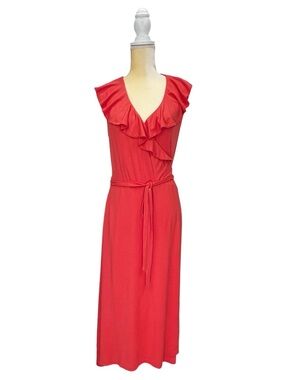 Boden Saskia Wrap Jersey Dress Size 8R Cherry Red Flutter Ruffle V-Neck Midi EUC